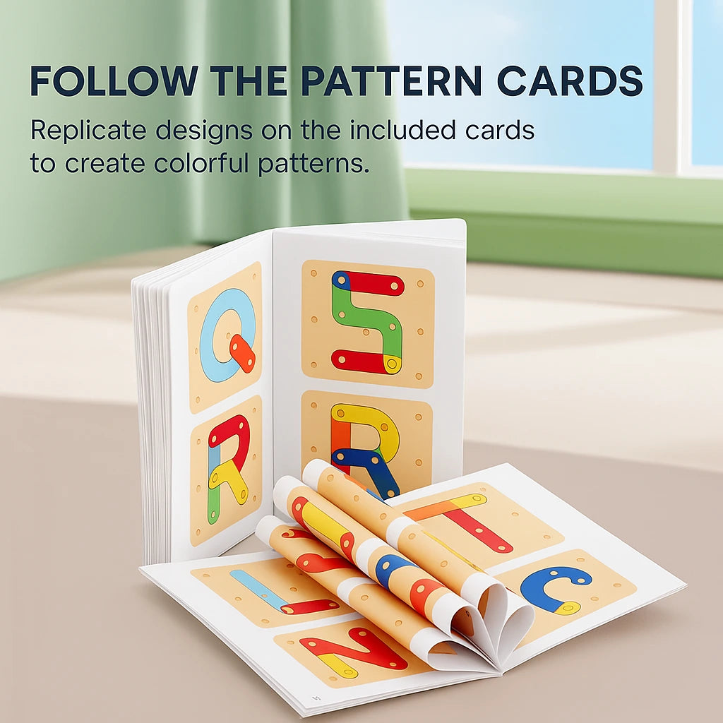 Open manual displaying various colorful letter patterns for kids to replicate.