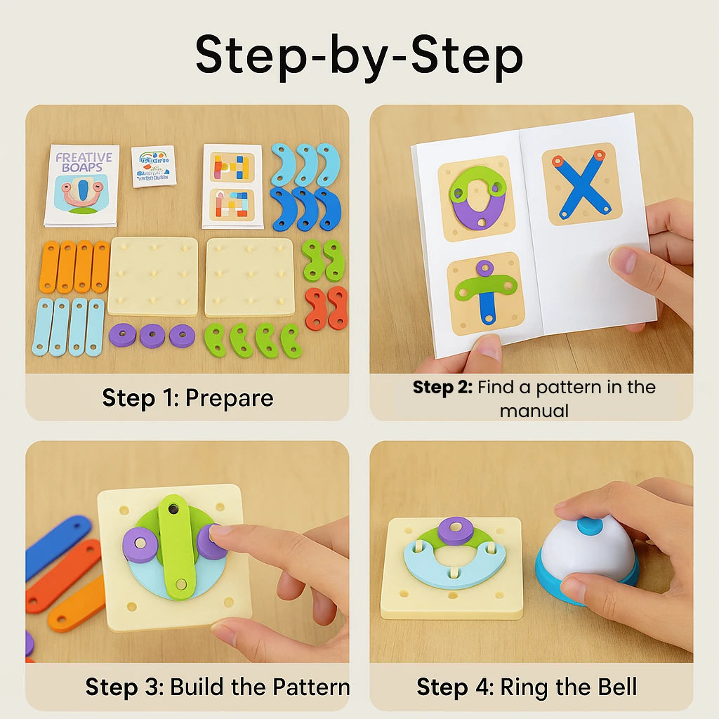 Step-by-step collage showing how to prepare, find patterns, build, and ring the bell during play.