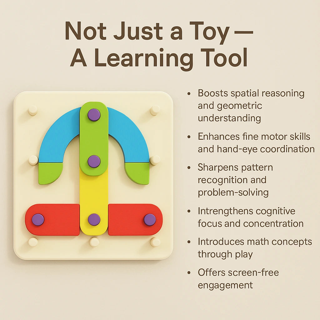 Assembled design with benefits listed, emphasizing spatial reasoning and fine motor skills.