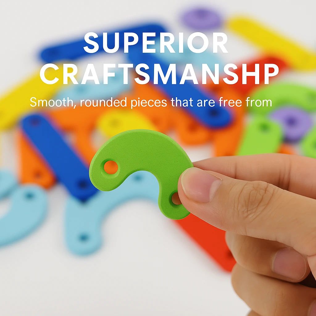 Close-up of hand holding a green peg piece, highlighting the smooth craftsmanship.