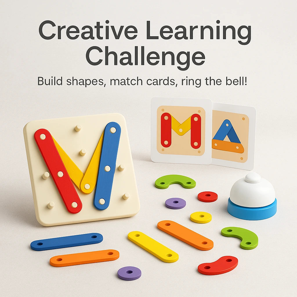 Creative Battle Nail Board showing an M-shape being built on the board with colorful pieces and bell.