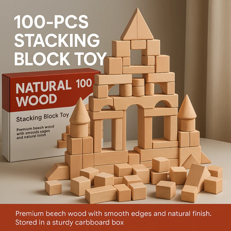 A collection of 100 natural wood building blocks in various geometric shapes, including rectangles, triangles, and arches, arranged in front of the product box. The blocks are stacked into a castle-like structure, showcasing creative play for toddlers.
