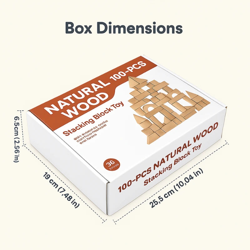 A white box for the Natural Wood Building Blocks set, labeled "100-PCS Natural Wood Block Toy" for ages 36+ months, with dimensions of 25.5 cm x 19 cm x 6.5 cm. The packaging highlights the stacking toy’s educational benefits.