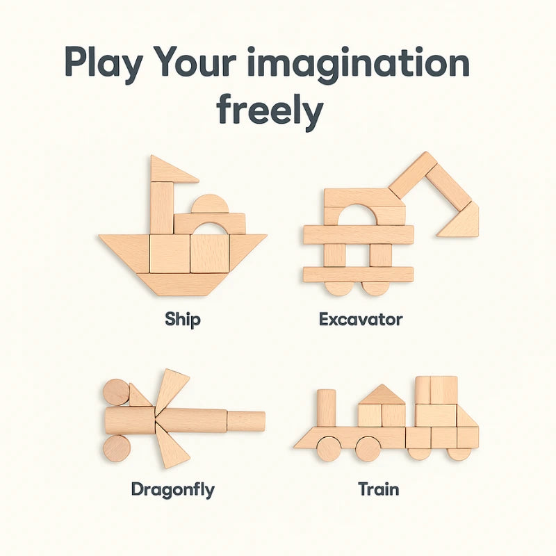 Four structures made from natural wood building blocks, labeled as a ship, excavator, dragonfly, and train, demonstrating the versatile building possibilities. The text "Play your imagination freely!" emphasizes creative play for kids.