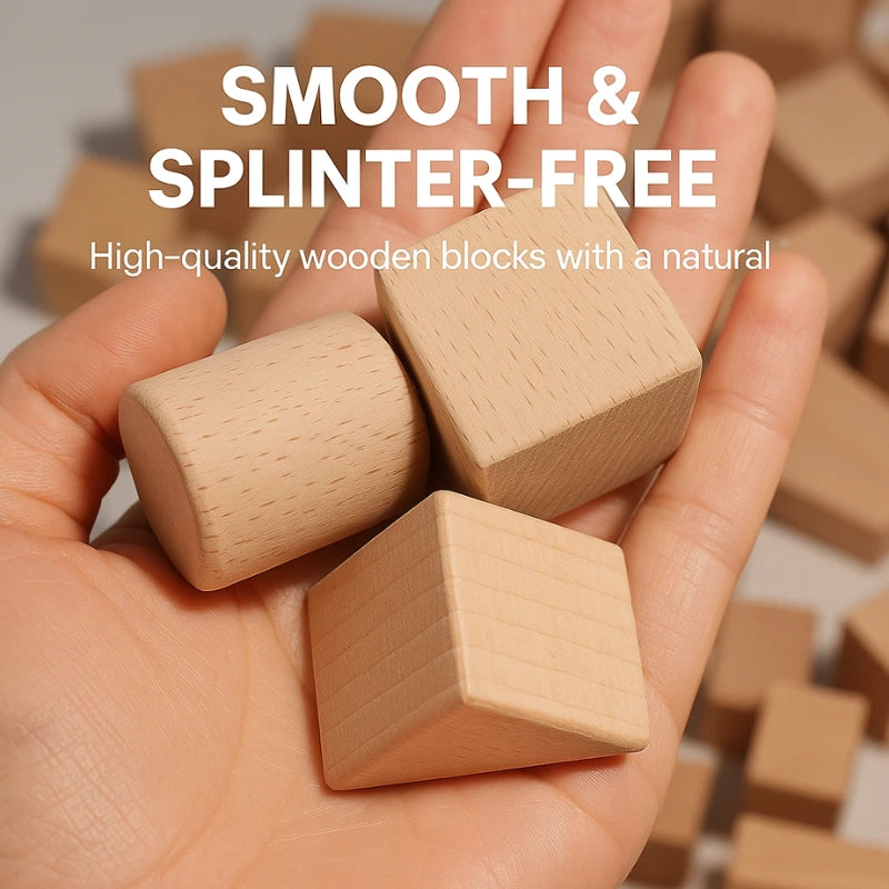 A close-up of a hand holding three natural wood building blocks—a cylinder, cube, and triangle—showcasing their smooth, splinter-free edges and natural finish. The background features more blocks, highlighting their quality for toddler play.