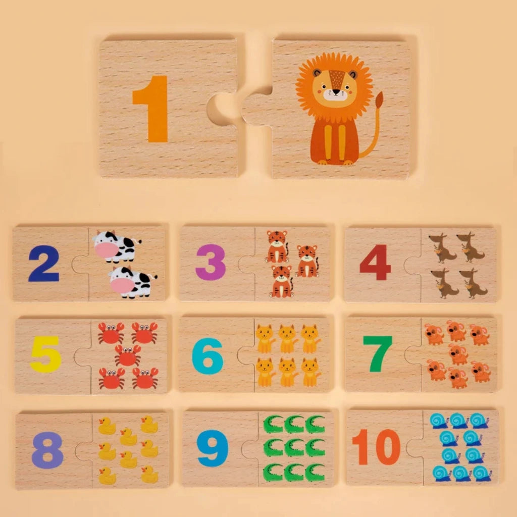 Close-up of hands placing a puzzle piece, matching number 10 to ten blue snail illustrations on a Montessori math puzzle board.
