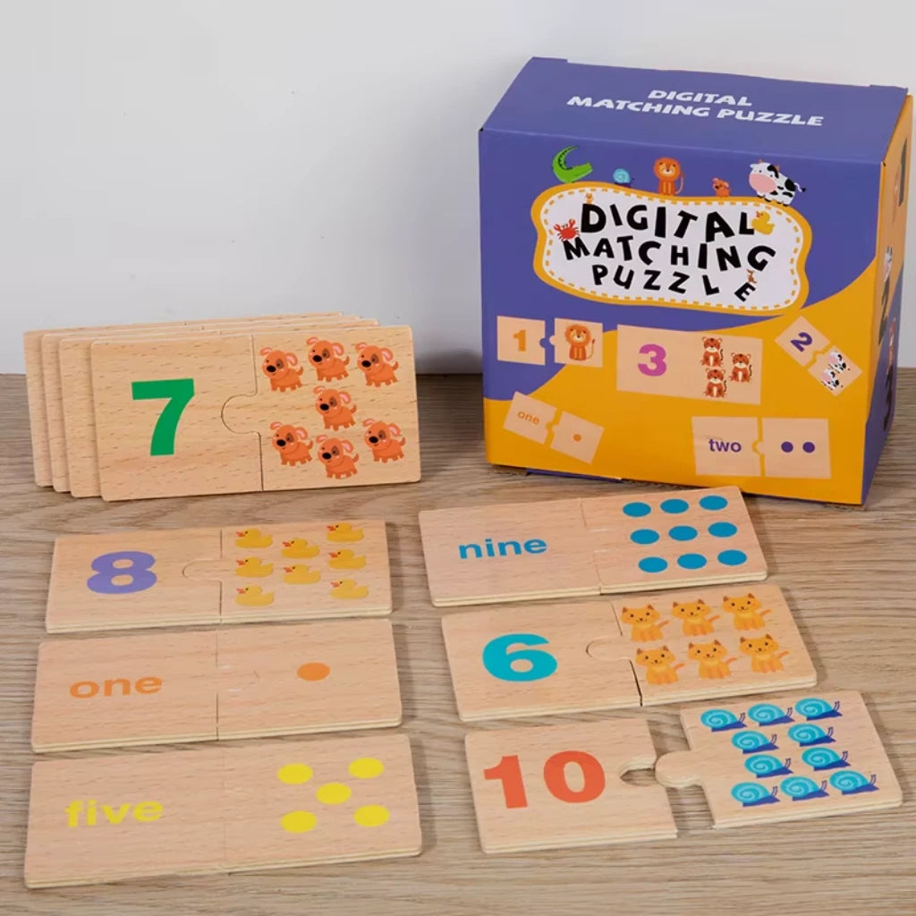 Montessori number puzzle pieces with numbers and matching animal groups scattered, showcasing various ways to pair quantities visually.