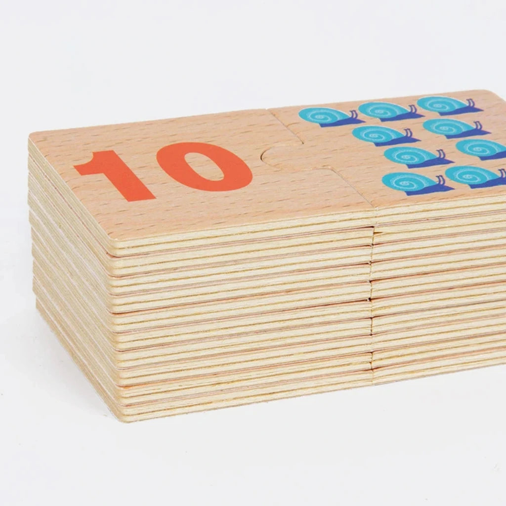 Number matching puzzle featuring English number words matched to colorful dot patterns, enhancing counting and literacy skills.