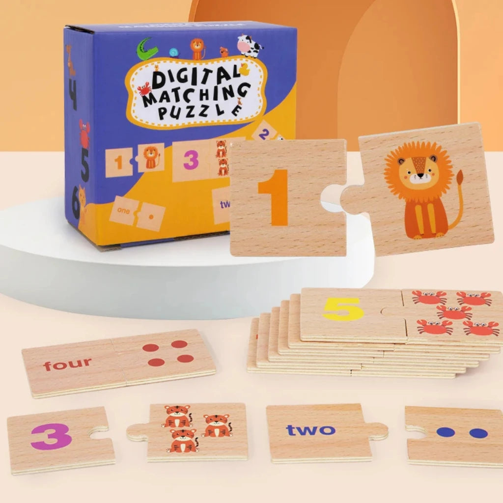 Close-up of a tall, neatly stacked pile of Montessori wooden number matching puzzle pieces, highlighting the toy's durable quality.