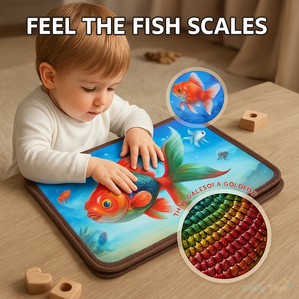 Young child feeling textured rainbow scales on goldfish page of the Tactile Sensory Book.