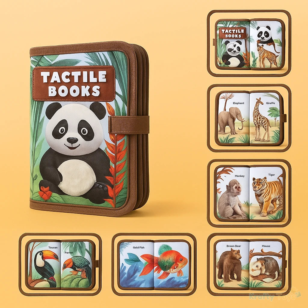 Tactile Sensory Book closed (panda cover) with five thumbnail previews of textured animal spreads.