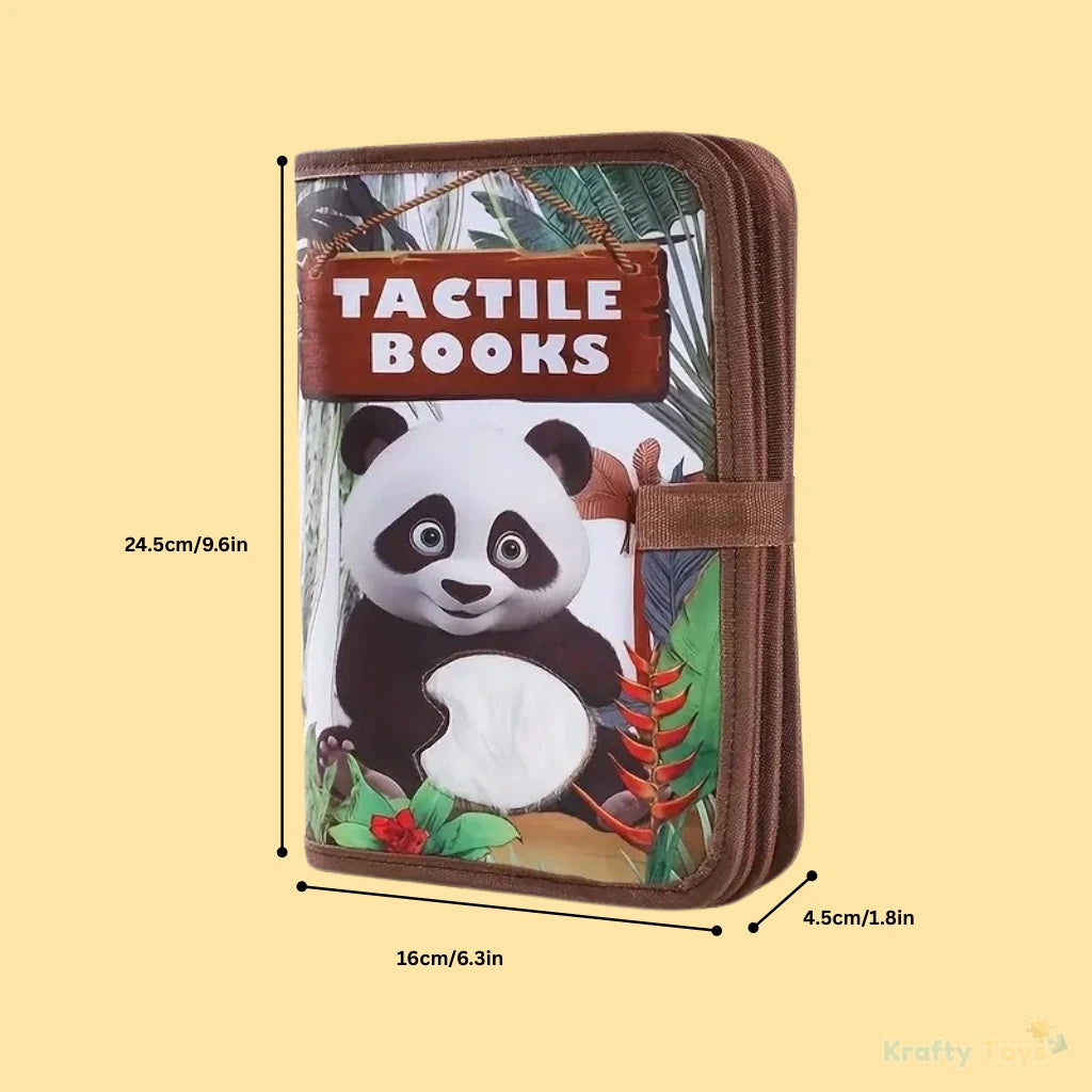Front cover of Tactile Sensory Book with panda illustration and measured size (24.5 × 16 × 4.5 cm) on pastel background.