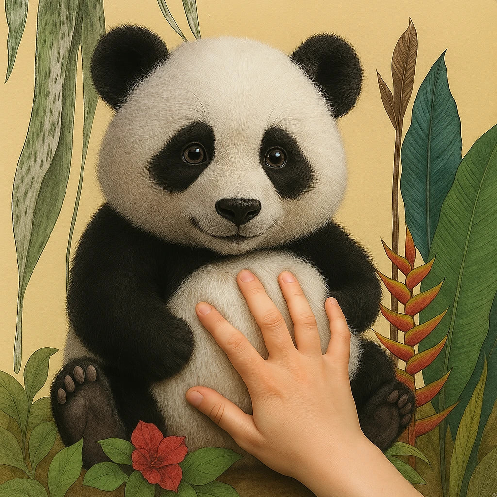 Hand pressing the fluffy panda belly patch, demonstrating touch-and-feel interaction in the book.