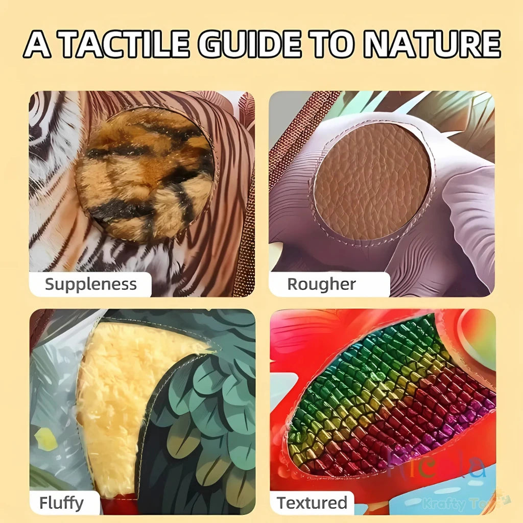 Four-panel collage showing tiger fur, elephant hide, feather, and fish-scale textures labelled for sensory learning.