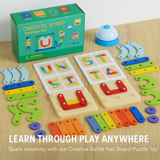 Full Creative Battle Nail Board set including pegs, boards, bell, and pattern cards neatly displayed.