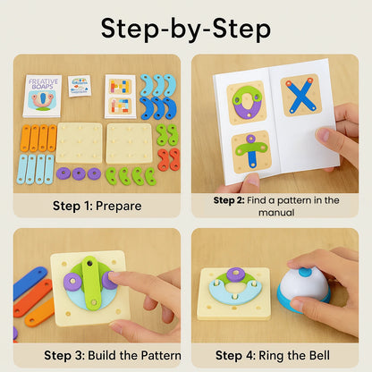 Step-by-step collage showing how to prepare, find patterns, build, and ring the bell during play.