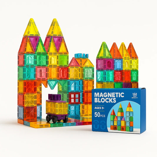 Hero shot of 50-piece Magnetic Tiles Building Set assembled into a bright multicolor castle with the product box in front.