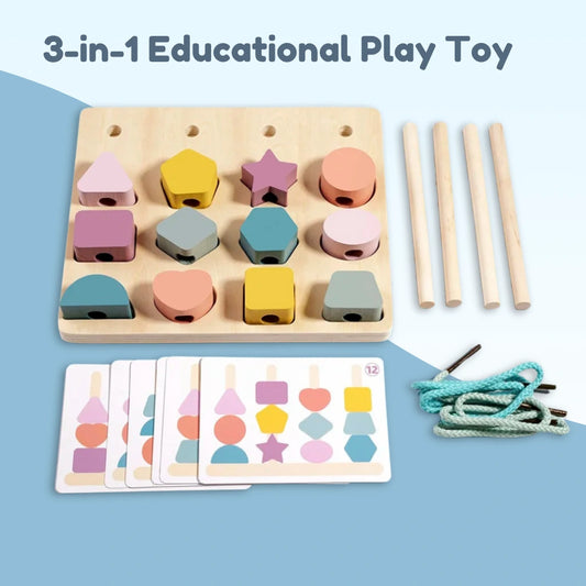 Montessori wooden shape matching and stacking toy partially set up, with colorful beads, activity cards, and lacing ropes on display.