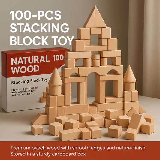 A collection of 100 natural wood building blocks in various geometric shapes, including rectangles, triangles, and arches, arranged in front of the product box. The blocks are stacked into a castle-like structure, showcasing creative play for toddlers.