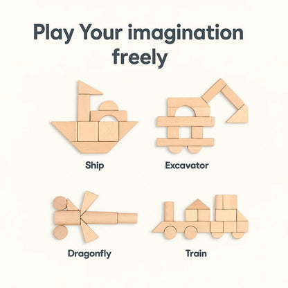 Four structures made from natural wood building blocks, labeled as a ship, excavator, dragonfly, and train, demonstrating the versatile building possibilities. The text "Play your imagination freely!" emphasizes creative play for kids.