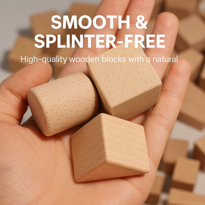 A close-up of a hand holding three natural wood building blocks—a cylinder, cube, and triangle—showcasing their smooth, splinter-free edges and natural finish. The background features more blocks, highlighting their quality for toddler play.