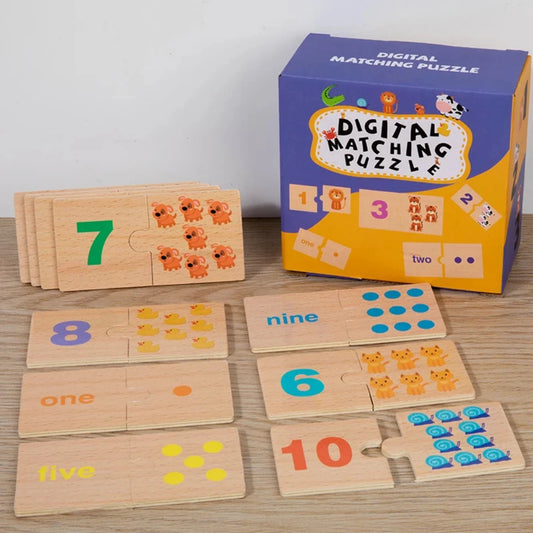 Wooden number matching puzzle showing numbers 1–10 paired with colorful animal illustrations for Montessori counting practice.