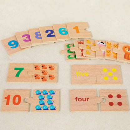 Close-up of hands placing a puzzle piece, matching number 10 to ten blue snail illustrations on a Montessori math puzzle board.
