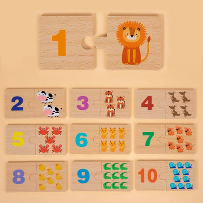 Close-up of hands placing a puzzle piece, matching number 10 to ten blue snail illustrations on a Montessori math puzzle board.