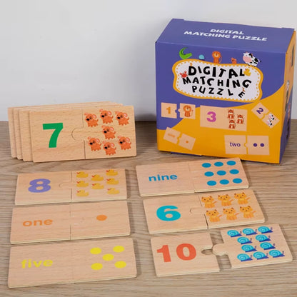 Montessori number puzzle pieces with numbers and matching animal groups scattered, showcasing various ways to pair quantities visually.