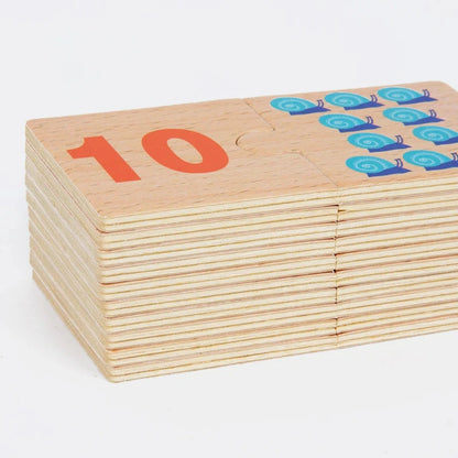 Number matching puzzle featuring English number words matched to colorful dot patterns, enhancing counting and literacy skills.
