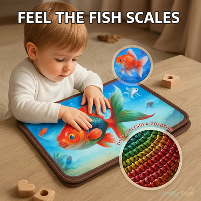 Young child feeling textured rainbow scales on goldfish page of the Tactile Sensory Book.