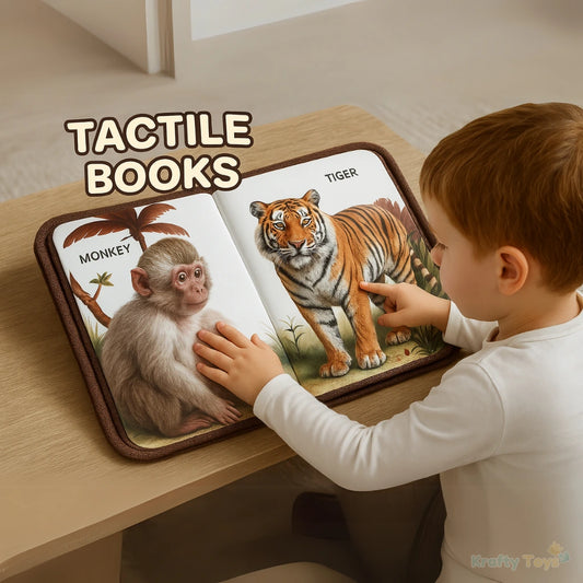 Toddler exploring Tactile Sensory Book, touching soft monkey fur and tiger texture on animal pages.