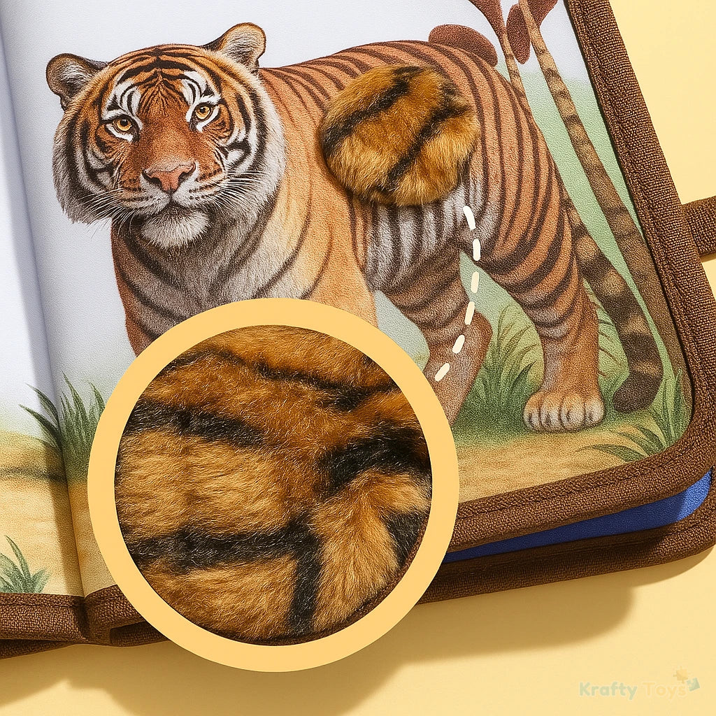 Close-up of plush tiger-fur patch inside the Tactile Sensory Book, highlighting realistic striped texture.