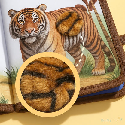 Close-up of plush tiger-fur patch inside the Tactile Sensory Book, highlighting realistic striped texture.