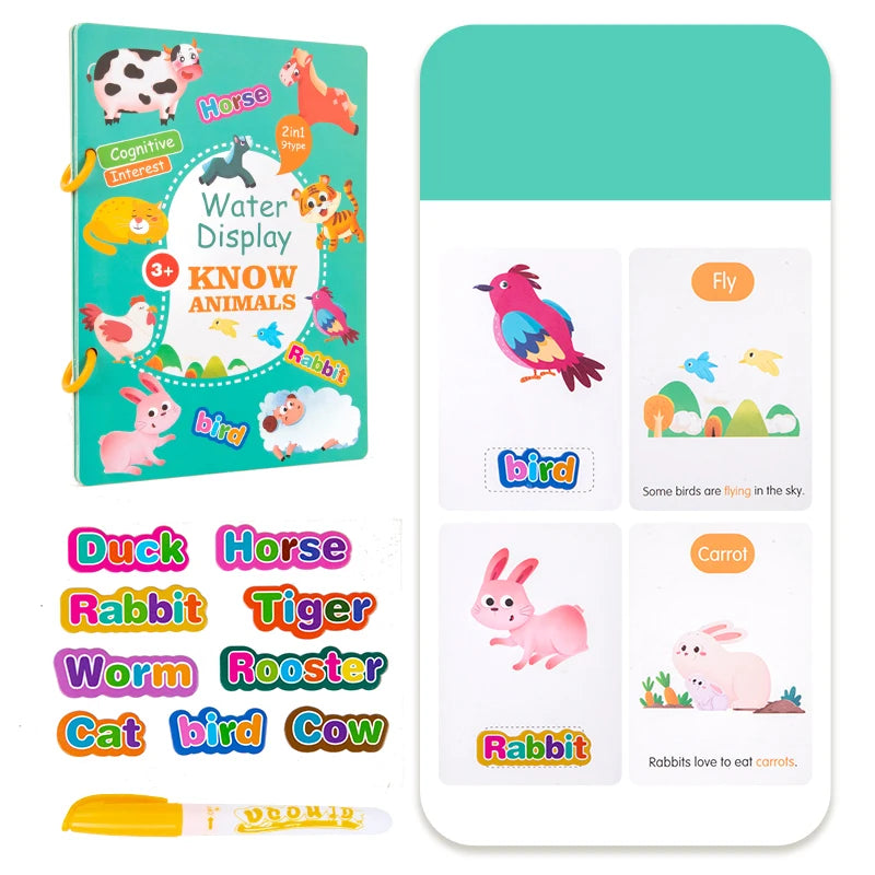 Teal “Know Animals” water-reveal book with bird & rabbit sample pages, animal word stickers, and refillable pen.