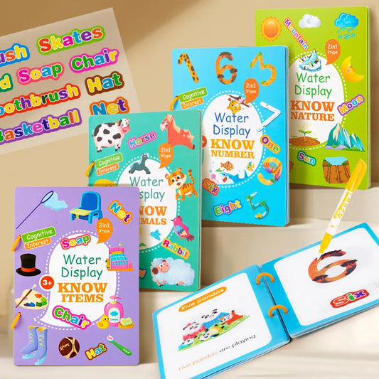 Group shot of five Water Display Magic Books (nature, numbers, animals, items, colors) with pen and sticker sheet.