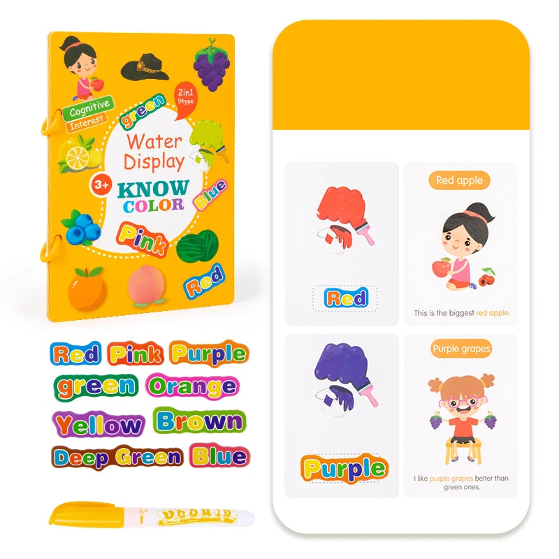 Yellow “Know Color” water-reveal book with colour word stickers, example pages for red and purple, and refillable pen.