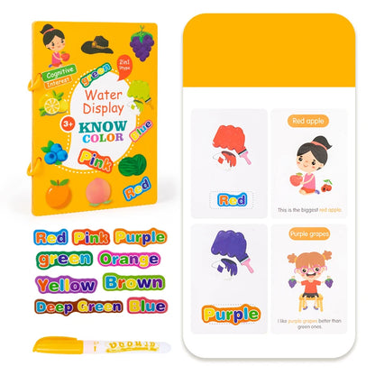 Yellow “Know Color” water-reveal book with colour word stickers, example pages for red and purple, and refillable pen.