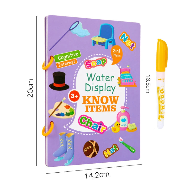 Purple “Know Items” water-reveal book shown with size measurements (20 × 14.2 cm) beside 13.5 cm water pen.