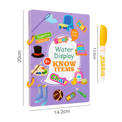 Purple “Know Items” water-reveal book shown with size measurements (20 × 14.2 cm) beside 13.5 cm water pen.