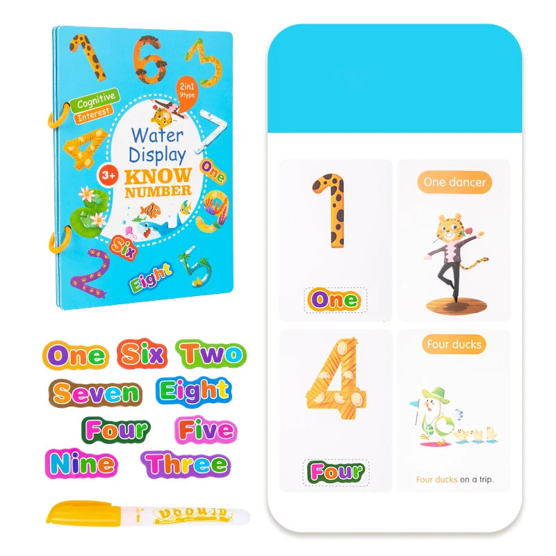 Blue “Know Number” water-reveal book with stickers, sample pages for numbers 1 & 4, and refillable pen for mess-free counting practice.