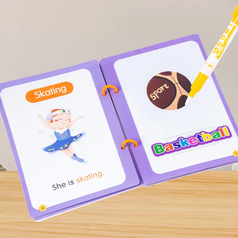 Water pen revealing hidden basketball image in purple book; opposite page shows skating illustration and sentence prompt