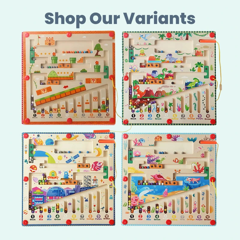 Four different themed Magnetic Color & Number Maze variants including Mario-style gaming, dinosaur world, space adventure, and underwater ocean designs, each featuring color-coded numbered paths for progressive learning.