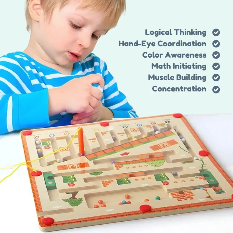 Child concentrated on solving the jungle-themed magnetic maze with educational benefits highlighted: logical thinking, hand-eye coordination, color awareness, math initiating, muscle building, and concentration development.