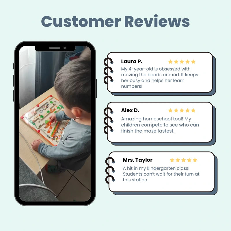 Five-star customer reviews for the Magnetic Color & Number Maze from parents and teachers showing a child engaged with the toy, including testimonials about number learning, homeschool applications, and classroom popularity.