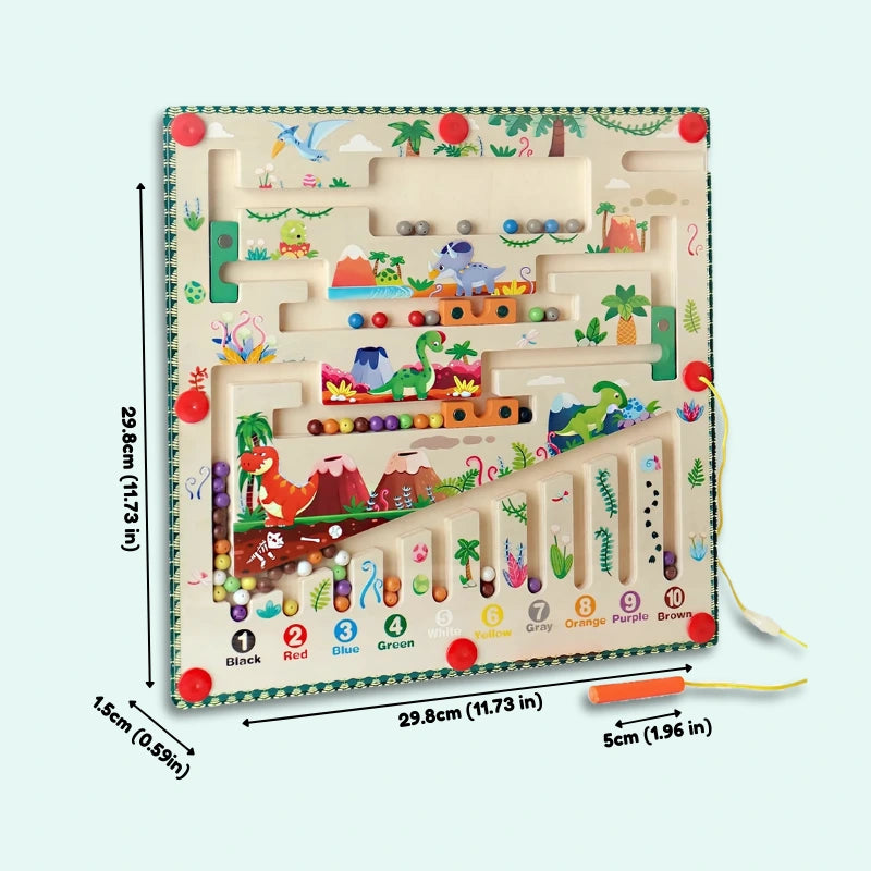 Dinosaur-themed Magnetic Color & Number Maze with precise measurements: 29.8cm x 29.8cm x 1.5cm, featuring colorful prehistoric illustrations, numbered color-coded channels, and magnetic wand