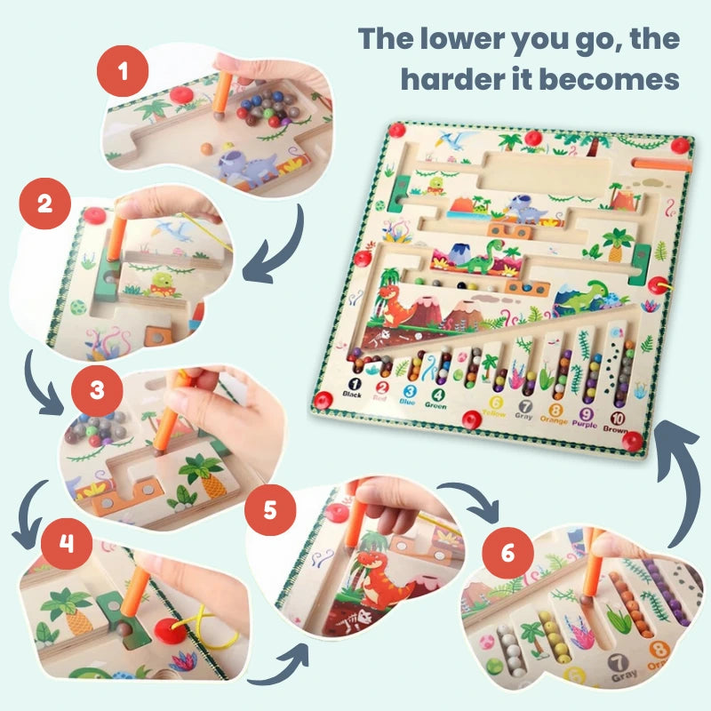 Step-by-step illustration of increasing difficulty levels in the Dinosaur Maze, showing how colored beads progress through each numbered section, becoming more challenging as players move from level 1 to level 6.