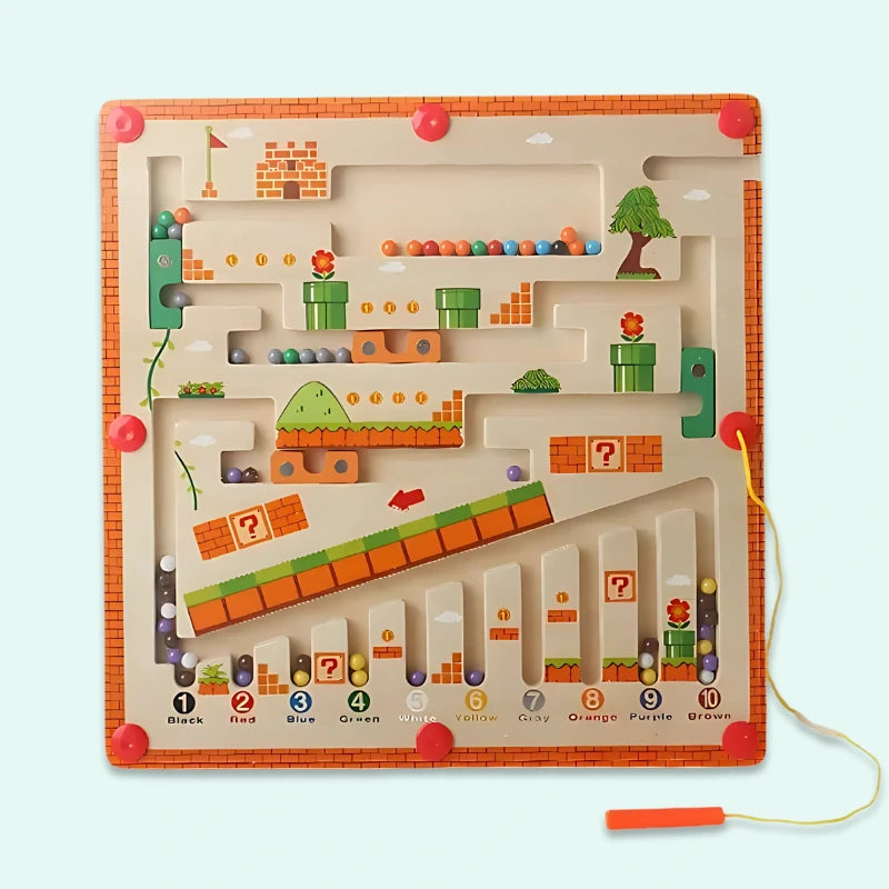 Mario-inspired gaming-themed Magnetic Maze featuring classic video game elements like pipes, platforms, question blocks, coins, and castle, with ten color-coded numbered channels for educational play.