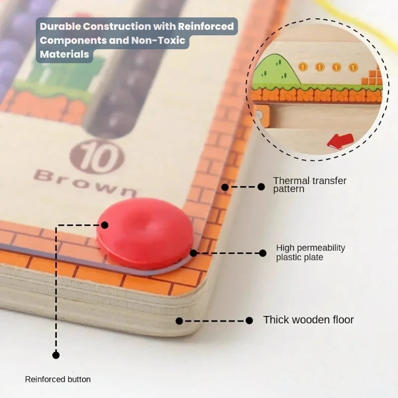 Detailed view of the Magnetic Color & Number Maze construction featuring reinforced buttons, thick wooden floor, high permeability plastic plate, and non-toxic thermal transfer patterns for child safety and durability.
