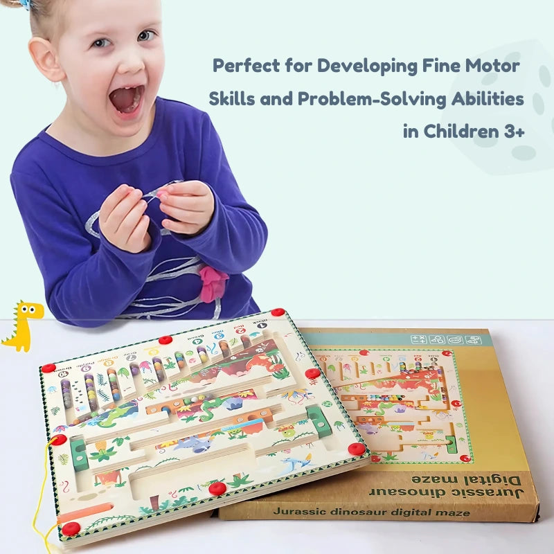 Excited child playing with the Magnetic Color & Number Maze with text highlighting its benefits for developing fine motor skills and problem-solving abilities in children ages 3 and up.